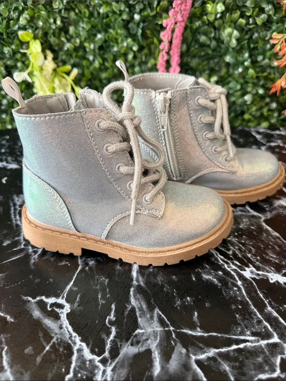 Old Navy Iridescent Silver Holographic Lace-Up Kids Boots